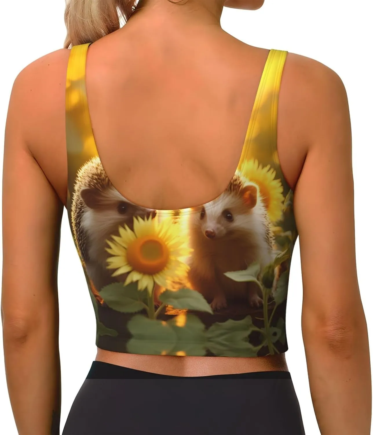 Sunflower and Hedgehog Women's Sexy Sports Vest Sleeveless Athletic Gym T-Shirts Vest U-Shaped Back Quick Dry Top