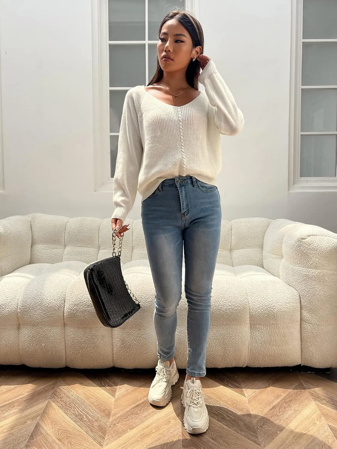 Sweaters for Women Cable Knit Raglan Sleeve Sweater Sweaters (Color : Beige, Size : Large)