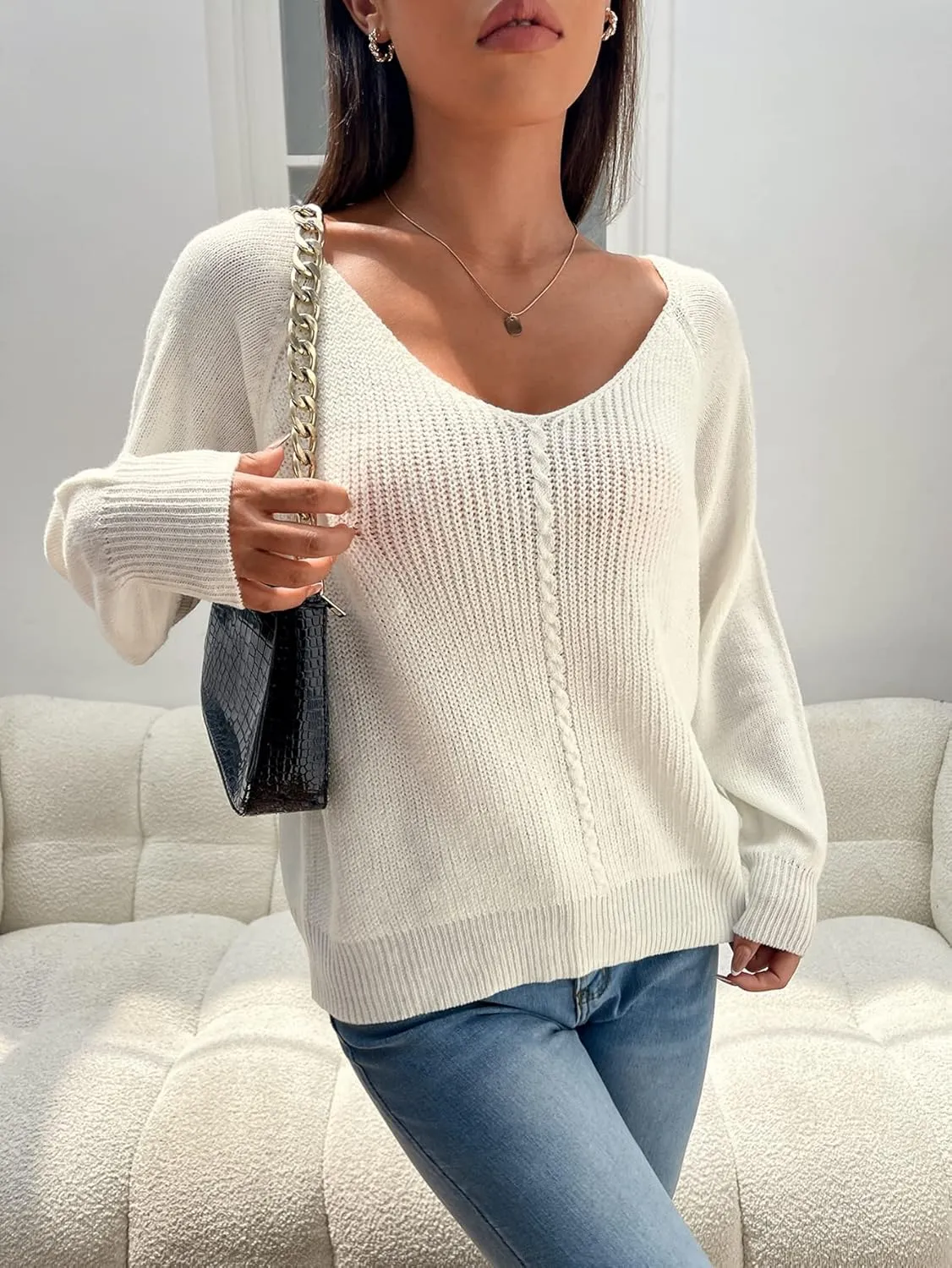 Sweaters for Women Cable Knit Raglan Sleeve Sweater Sweaters (Color : Beige, Size : Large)