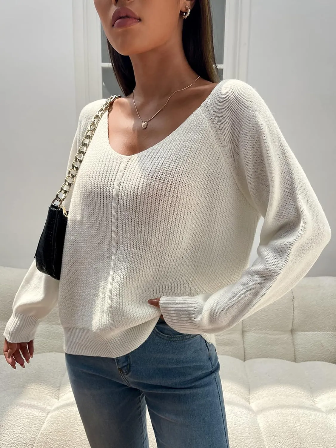Sweaters for Women Cable Knit Raglan Sleeve Sweater Sweaters (Color : Beige, Size : Large)