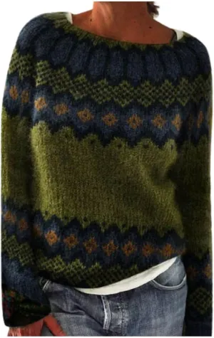 Sweaters for Women Fair Isle Knitted Sweaters Holiday Pullover Sweaters Crewneck Long Sleeve Striped Knitted Tops