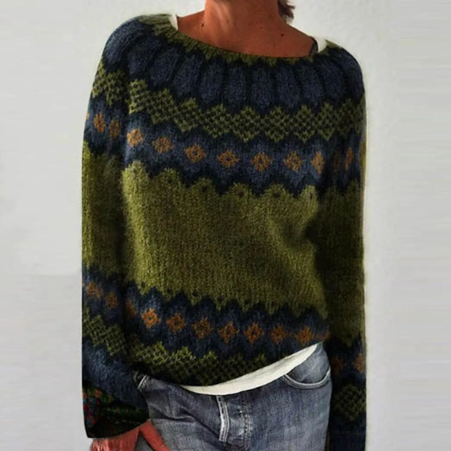 Sweaters for Women Fair Isle Knitted Sweaters Holiday Pullover Sweaters Crewneck Long Sleeve Striped Knitted Tops