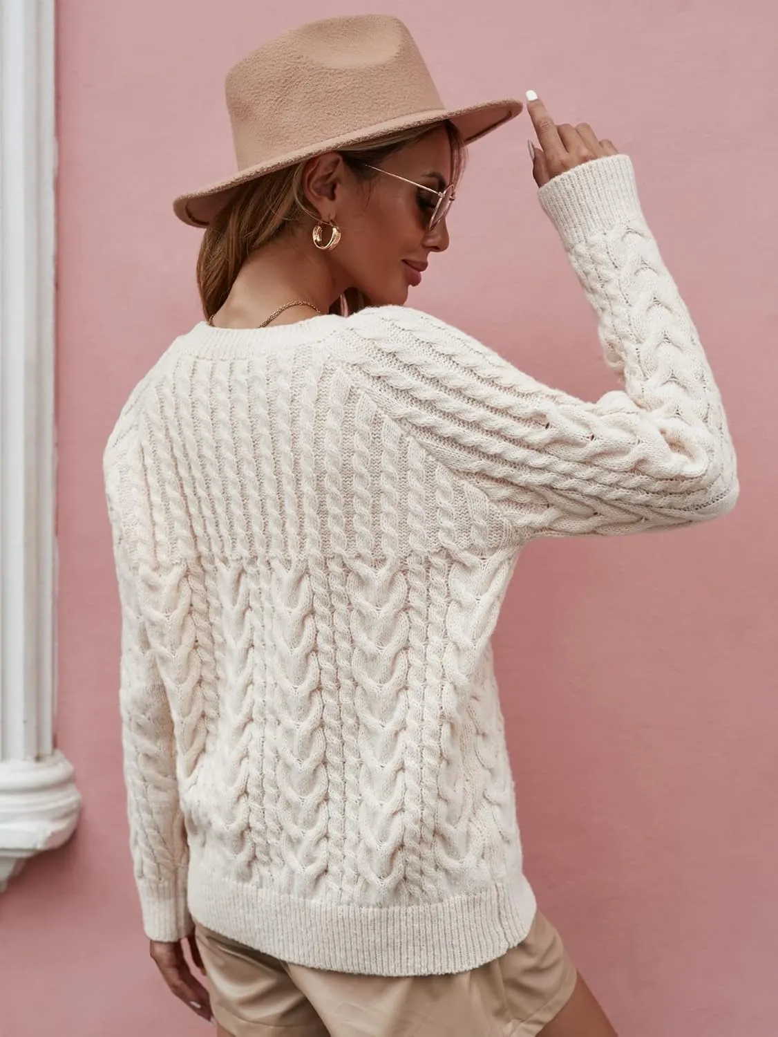 Sweaters for Women Raglan Sleeve Cable Knit Sweater Sweaters (Color : Apricot, Size : Medium)