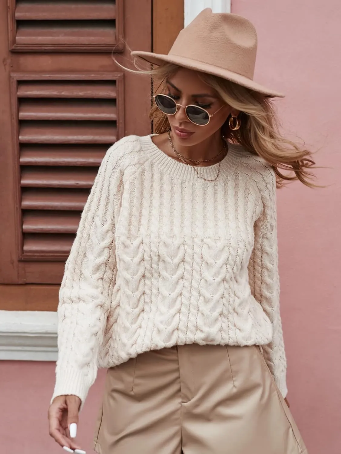 Sweaters for Women Raglan Sleeve Cable Knit Sweater Sweaters (Color : Apricot, Size : Medium)