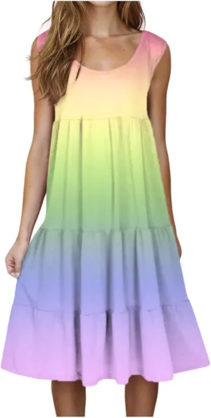 Tank Dress for Women 2025 Summer Boho Gradient Beach Vacation Sundress Sleeveless Pleated Ladies Tropical Dresses