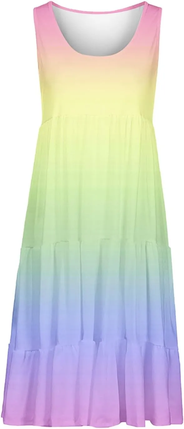 Tank Dress for Women 2025 Summer Boho Gradient Beach Vacation Sundress Sleeveless Pleated Ladies Tropical Dresses