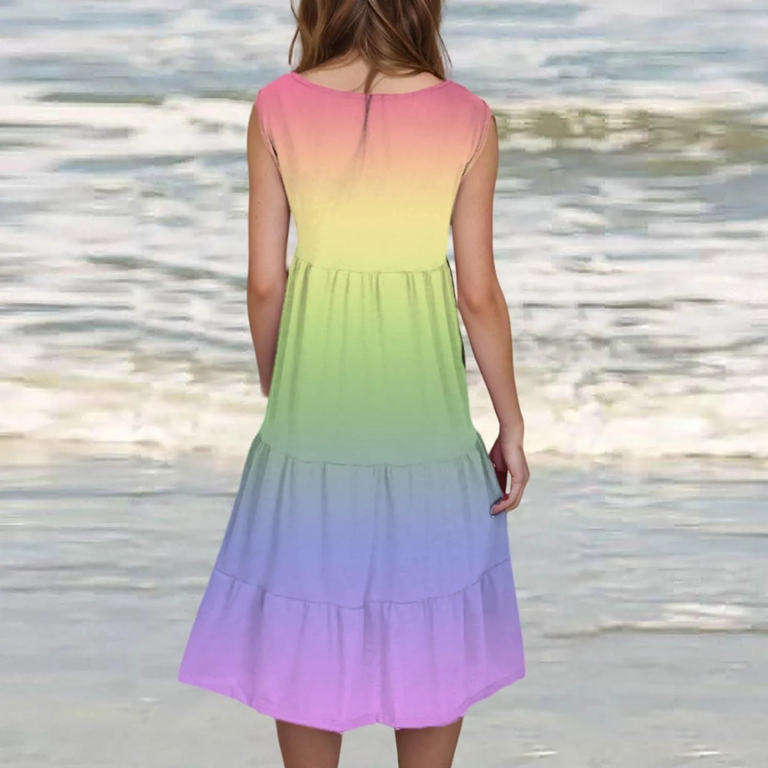 Tank Dress for Women 2025 Summer Boho Gradient Beach Vacation Sundress Sleeveless Pleated Ladies Tropical Dresses