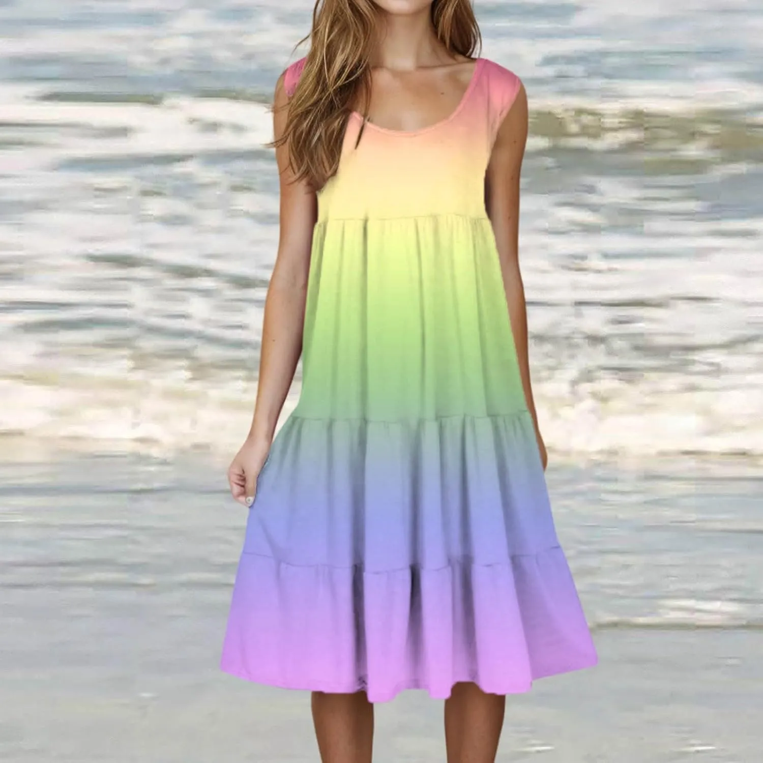 Tank Dress for Women 2025 Summer Boho Gradient Beach Vacation Sundress Sleeveless Pleated Ladies Tropical Dresses