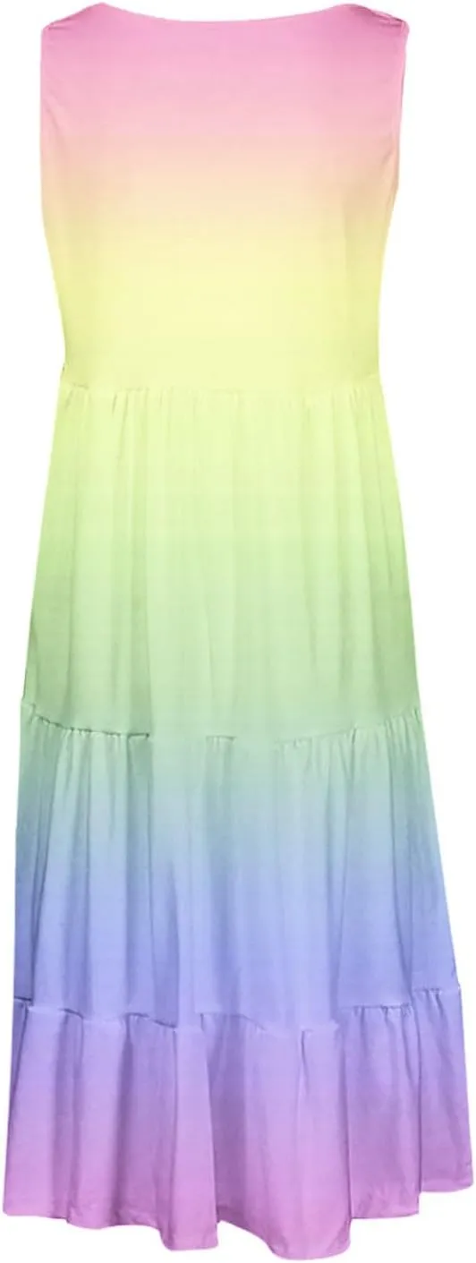 Tank Dress for Women 2025 Summer Boho Gradient Beach Vacation Sundress Sleeveless Pleated Ladies Tropical Dresses