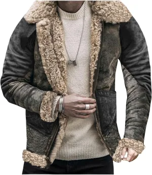 Thatrich Faux Leather Jacket Men Sherpa Fleece Lined Jackets Zip Up Winter Coat Motorcycle Bomber Jackets Vintage Outerwear