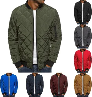 Thatrich Mens Bomber Jacket Lightweight Diamond Quilted Jacket Zip Up Puffer Coat Cropped Winter Jackets Long Sleeve Outwear