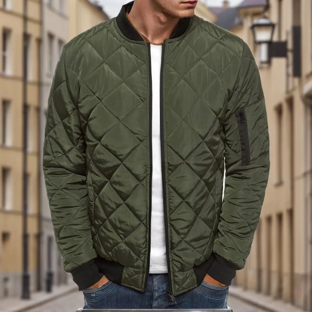 Thatrich Mens Bomber Jacket Lightweight Diamond Quilted Jacket Zip Up Puffer Coat Cropped Winter Jackets Long Sleeve Outwear