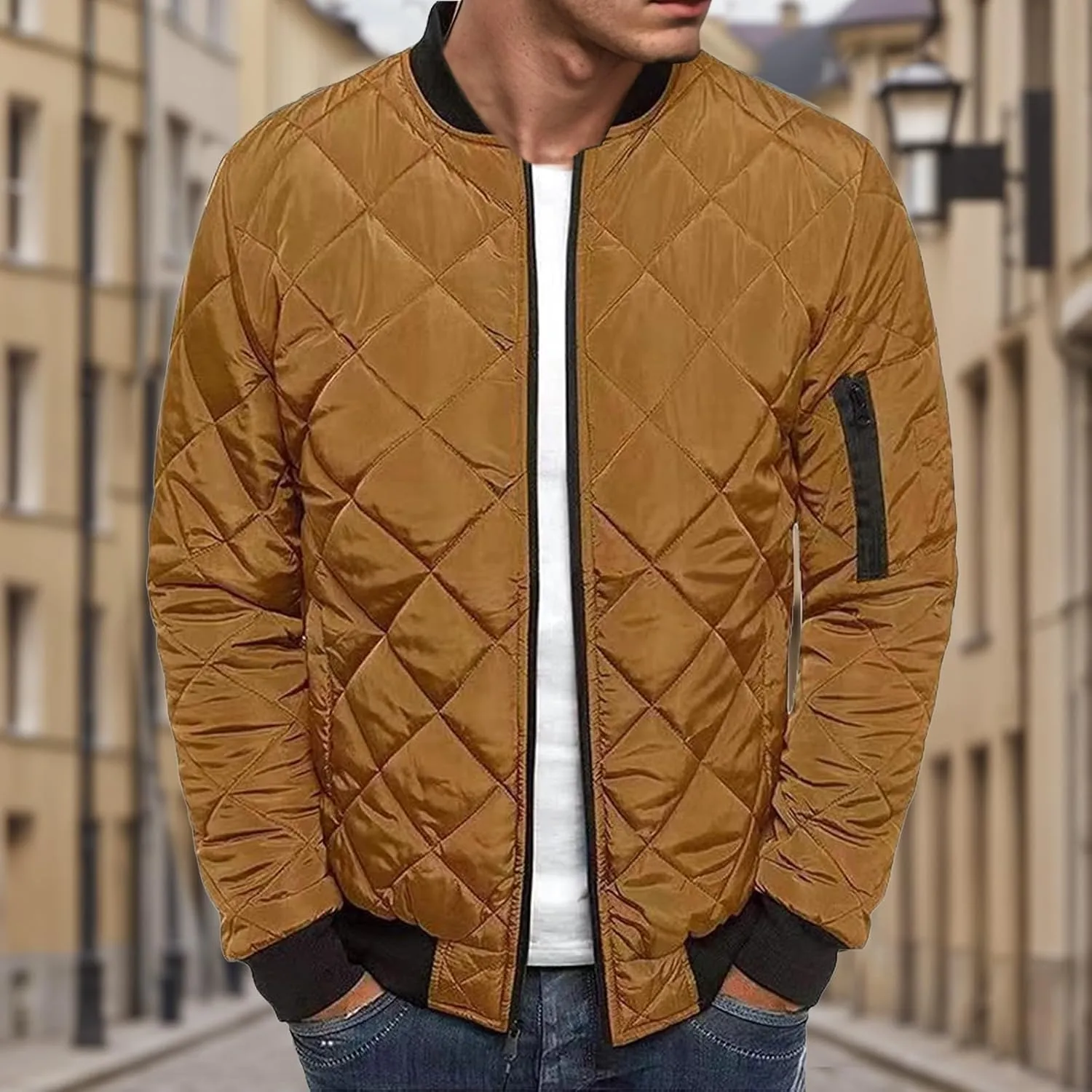 Thatrich Mens Bomber Jacket Lightweight Diamond Quilted Jacket Zip Up Puffer Coat Cropped Winter Jackets Long Sleeve Outwear