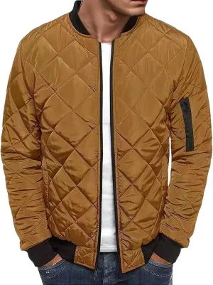 Thatrich Mens Bomber Jacket Lightweight Diamond Quilted Jacket Zip Up Puffer Coat Cropped Winter Jackets Long Sleeve Outwear