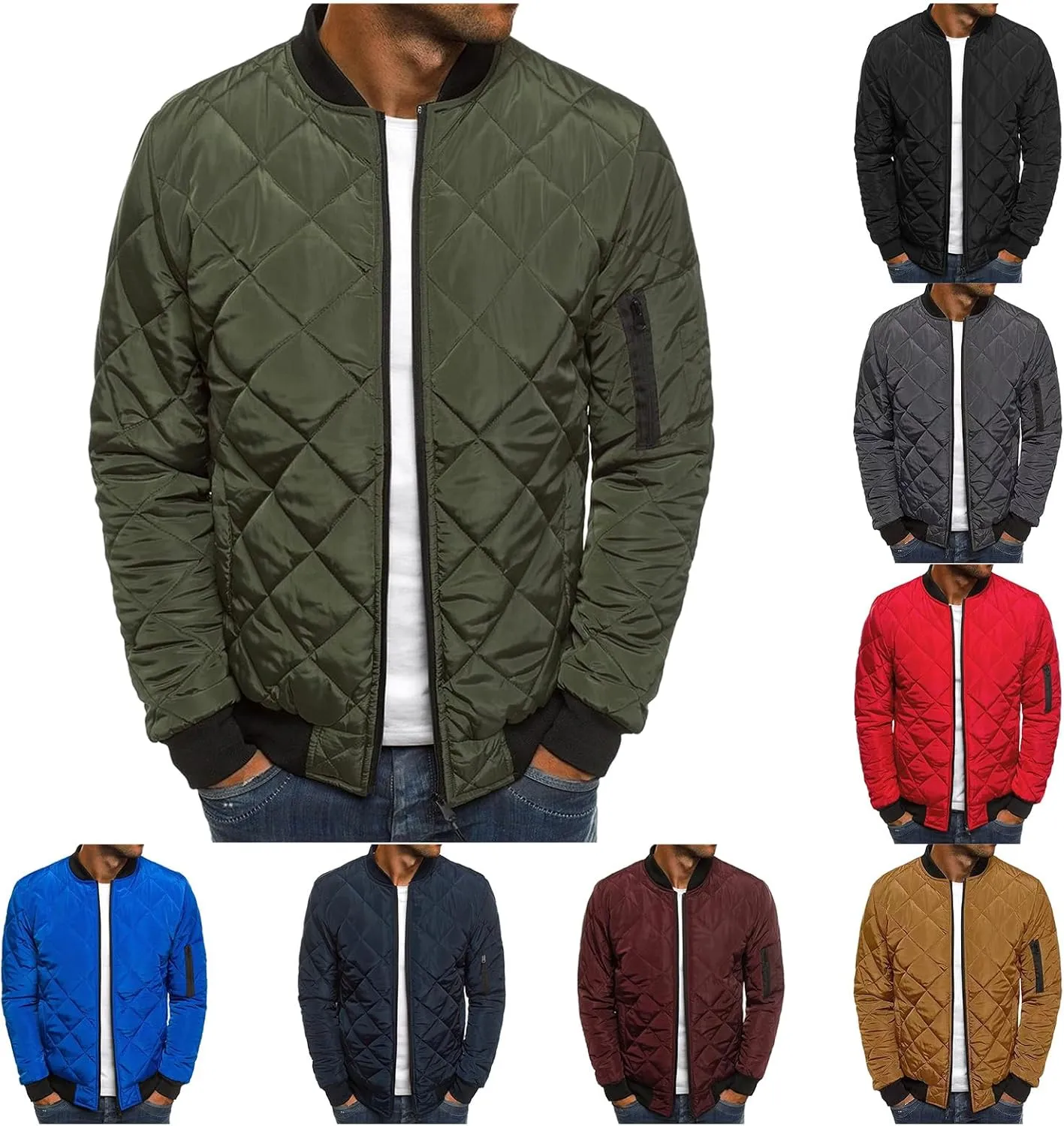 Thatrich Mens Bomber Jacket Lightweight Diamond Quilted Jacket Zip Up Puffer Coat Cropped Winter Jackets Long Sleeve Outwear