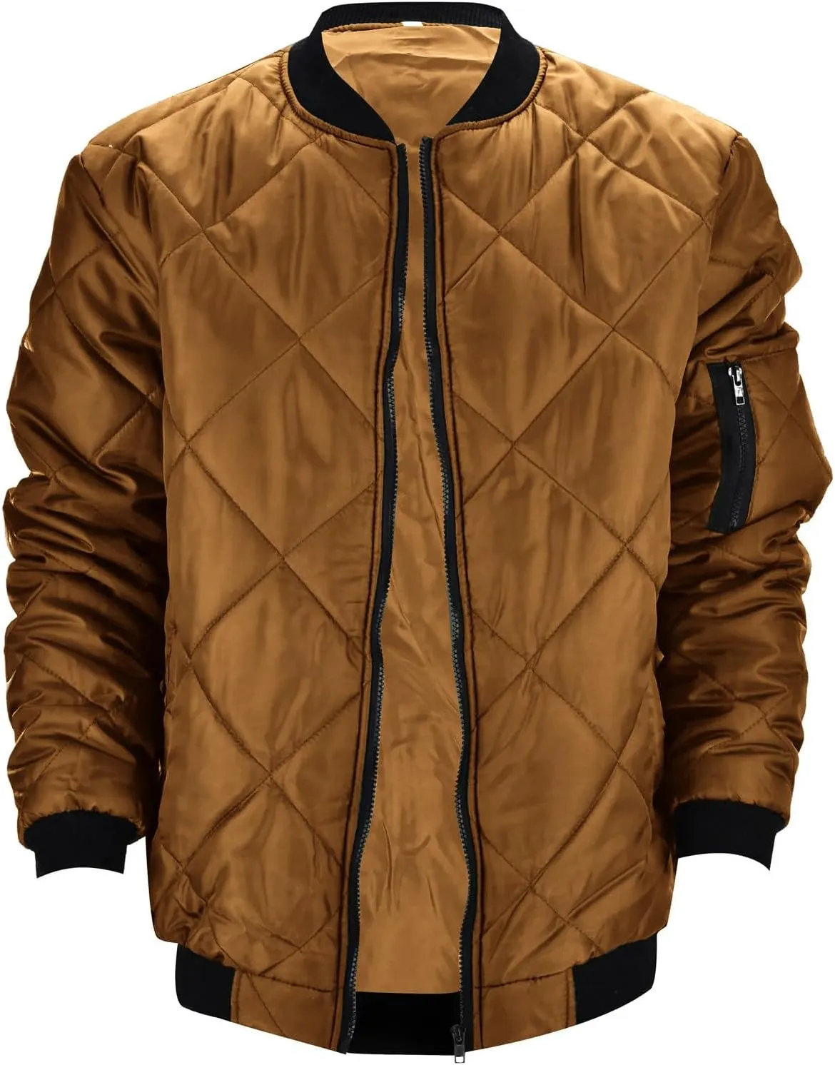 Thatrich Mens Bomber Jacket Lightweight Diamond Quilted Jacket Zip Up Puffer Coat Cropped Winter Jackets Long Sleeve Outwear