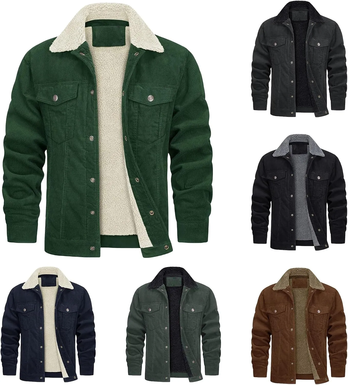Thatrich Men's Corduroy Jacket Sherpa Lined Button Down Winter Coat Lightweight Fleece Jackets Lapel Long Sleeve Coat Outwear