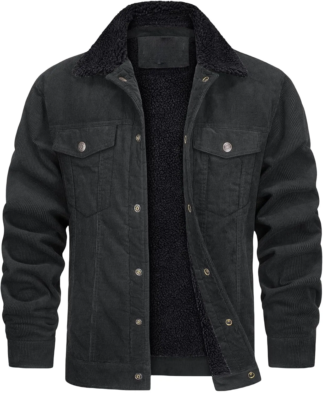 Thatrich Men's Corduroy Jacket Sherpa Lined Button Down Winter Coat Lightweight Fleece Jackets Lapel Long Sleeve Coat Outwear