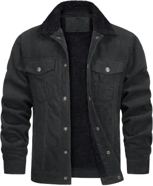 Thatrich Men's Corduroy Jacket Sherpa Lined Button Down Winter Coat Lightweight Fleece Jackets Lapel Long Sleeve Coat Outwear