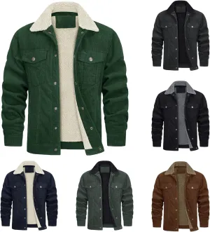 Thatrich Men's Corduroy Jacket Sherpa Lined Button Down Winter Coat Lightweight Fleece Jackets Lapel Long Sleeve Coat Outwear