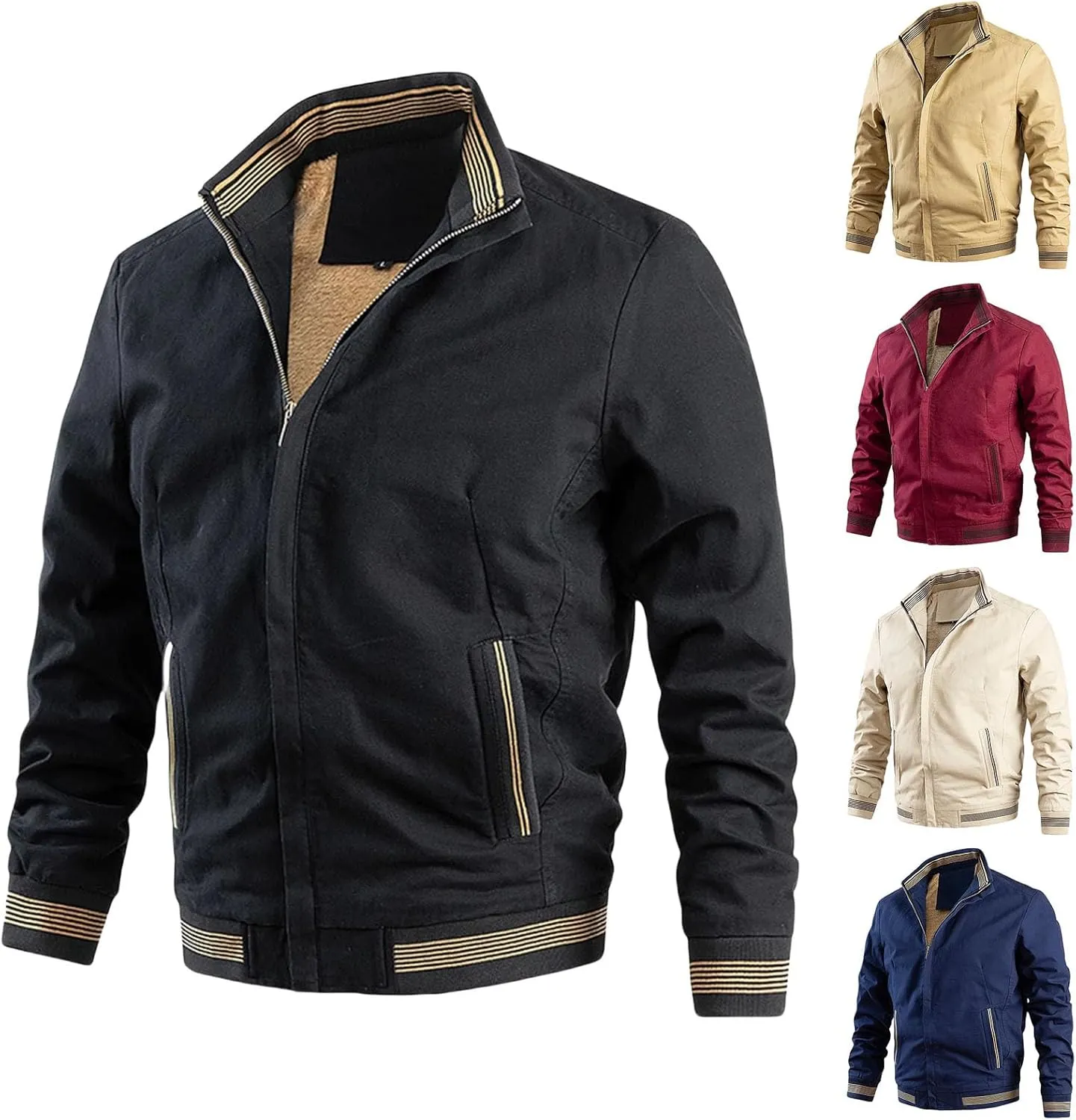 Thatrich Sherpa Lined Bomber Jacket Men Stand Collar Winter Coat Lightweight Warm Windproof Jacket Flight Coat Trendy Outwear