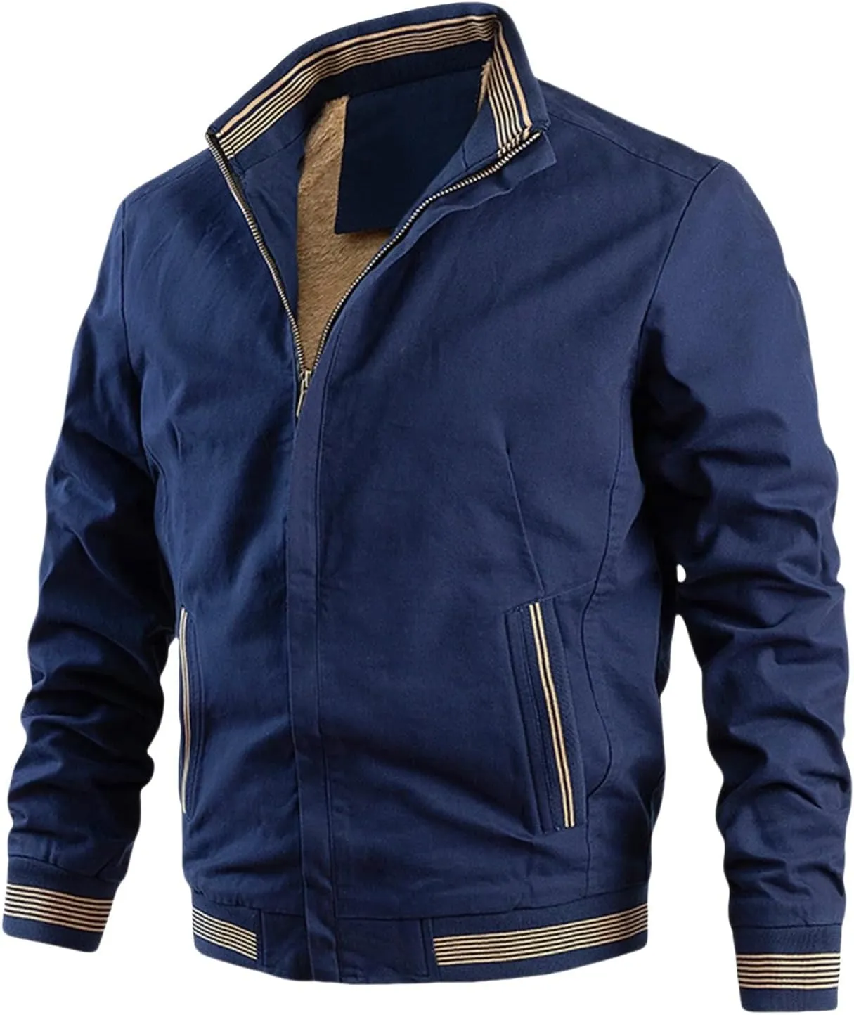 Thatrich Sherpa Lined Bomber Jacket Men Stand Collar Winter Coat Lightweight Warm Windproof Jacket Flight Coat Trendy Outwear