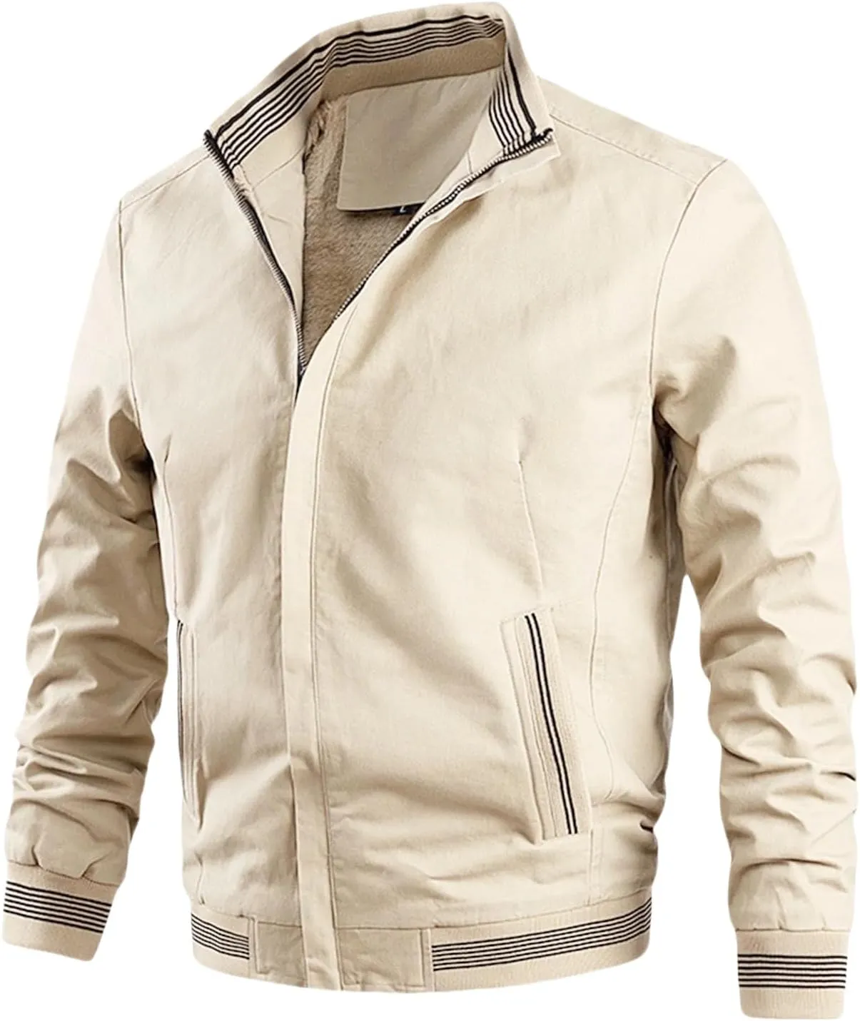 Thatrich Sherpa Lined Bomber Jacket Men Stand Collar Winter Coat Lightweight Warm Windproof Jacket Flight Coat Trendy Outwear