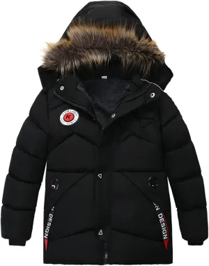Toddler Boys Winter Coat with Faux Fur Hooded Puffer Parka Ski Jacket Down-Alternative Warm Outerwear for Kids 2-4T