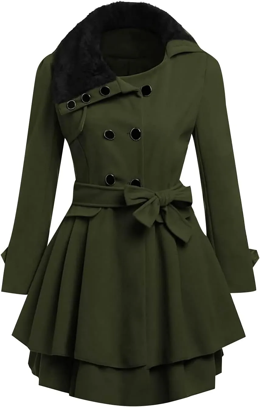 tuduoms Trench Coats for Women Faux Fur Lapel Pea Coat Double Breasted Wool Warm Fall Winter Jacket Mid-Long Dress Overcoat