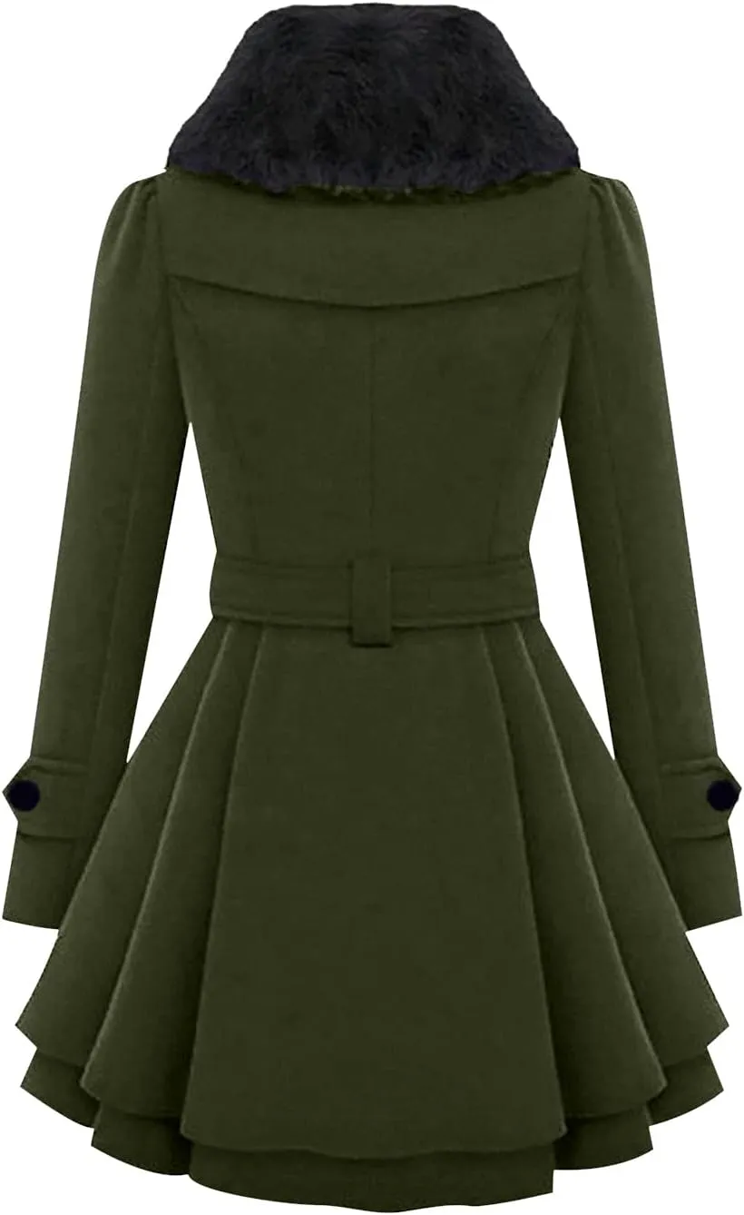tuduoms Trench Coats for Women Faux Fur Lapel Pea Coat Double Breasted Wool Warm Fall Winter Jacket Mid-Long Dress Overcoat