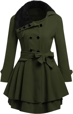 tuduoms Trench Coats for Women Faux Fur Lapel Pea Coat Double Breasted Wool Warm Fall Winter Jacket Mid-Long Dress Overcoat