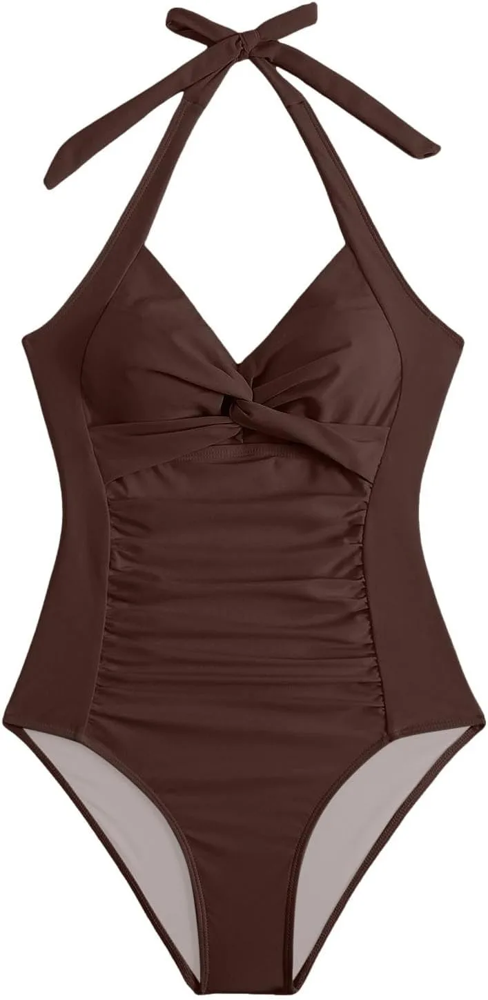 TUQIDEWU One Piece Swimsuit Women Tummy Control Womens Bathing Suits High Waisted Hater V Neck Backless Solid Swimwear