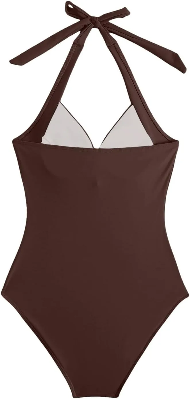 TUQIDEWU One Piece Swimsuit Women Tummy Control Womens Bathing Suits High Waisted Hater V Neck Backless Solid Swimwear