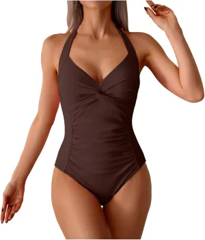 TUQIDEWU One Piece Swimsuit Women Tummy Control Womens Bathing Suits High Waisted Hater V Neck Backless Solid Swimwear