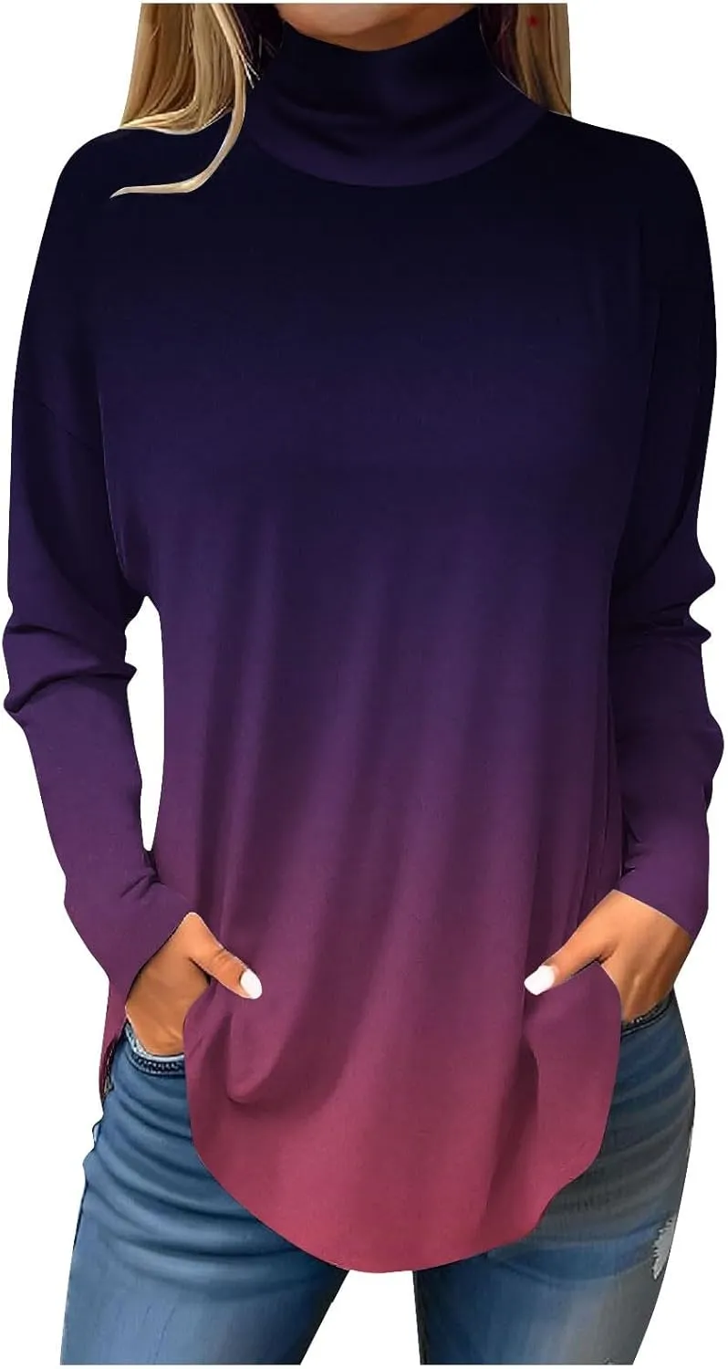 Turtle Necks Tops For Women Dressy Print Long Sleeve Shirts Trendy Mock Neck Tunic Tops Fall Casual Blouse