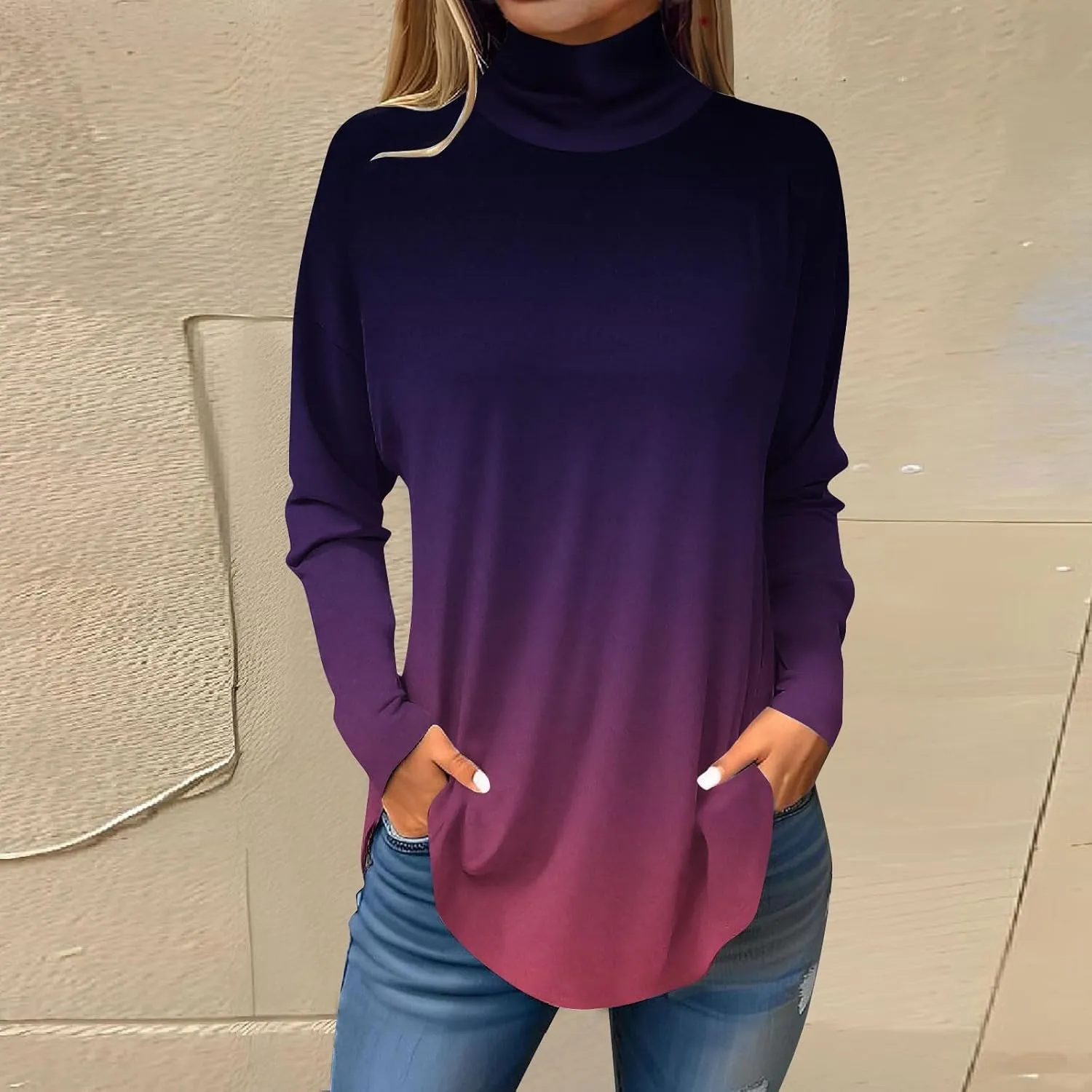 Turtle Necks Tops For Women Dressy Print Long Sleeve Shirts Trendy Mock Neck Tunic Tops Fall Casual Blouse