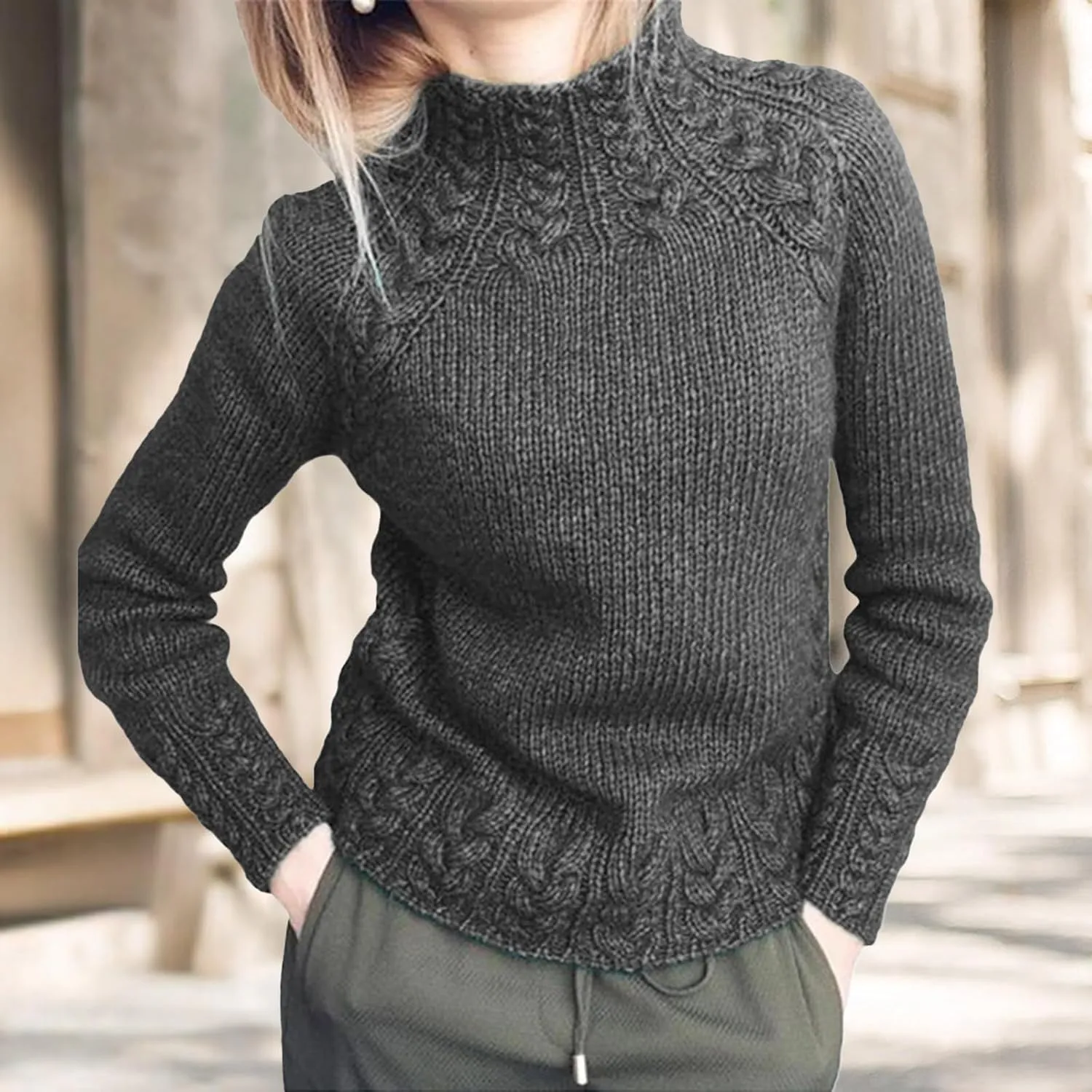 Turtleneck Sweater Women Vintage Cable Knitted Sweaters Long Sleeve Casual Pullover Sweaters