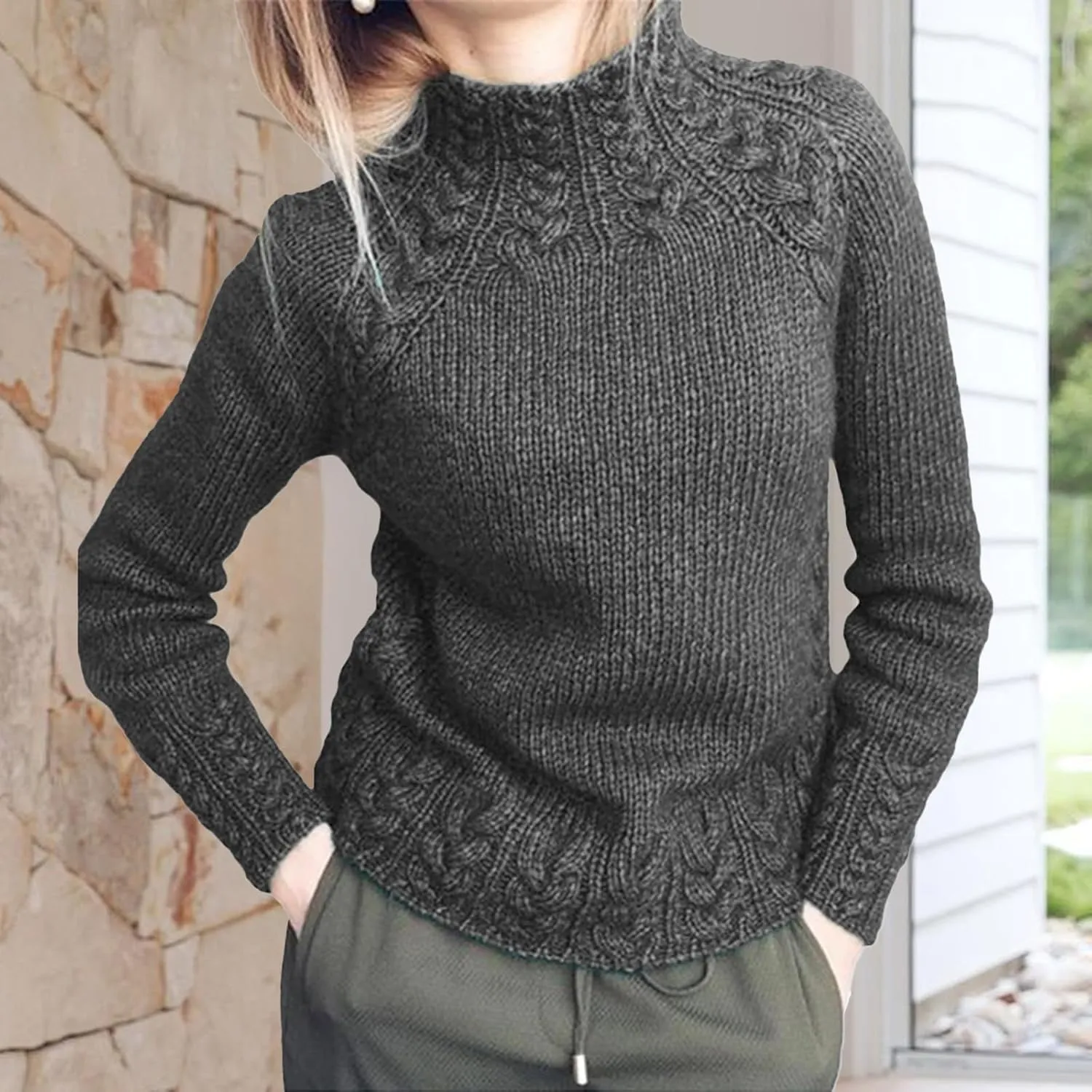 Turtleneck Sweater Women Vintage Cable Knitted Sweaters Long Sleeve Casual Pullover Sweaters