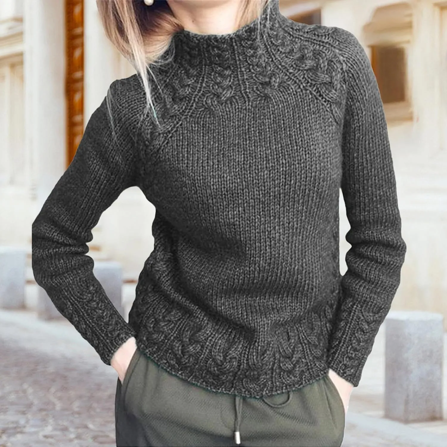 Turtleneck Sweater Women Vintage Cable Knitted Sweaters Long Sleeve Casual Pullover Sweaters