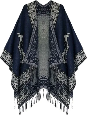 Urban CoCo Women's Retro Style Vintage Pattern Tassel Poncho Shawl Cape Wraps For Women