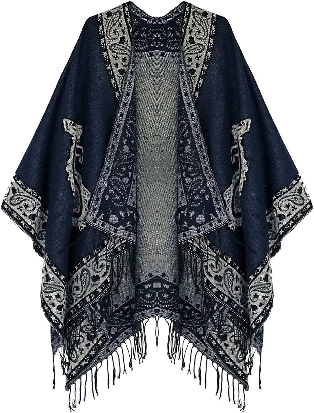 Urban CoCo Women's Retro Style Vintage Pattern Tassel Poncho Shawl Cape Wraps For Women