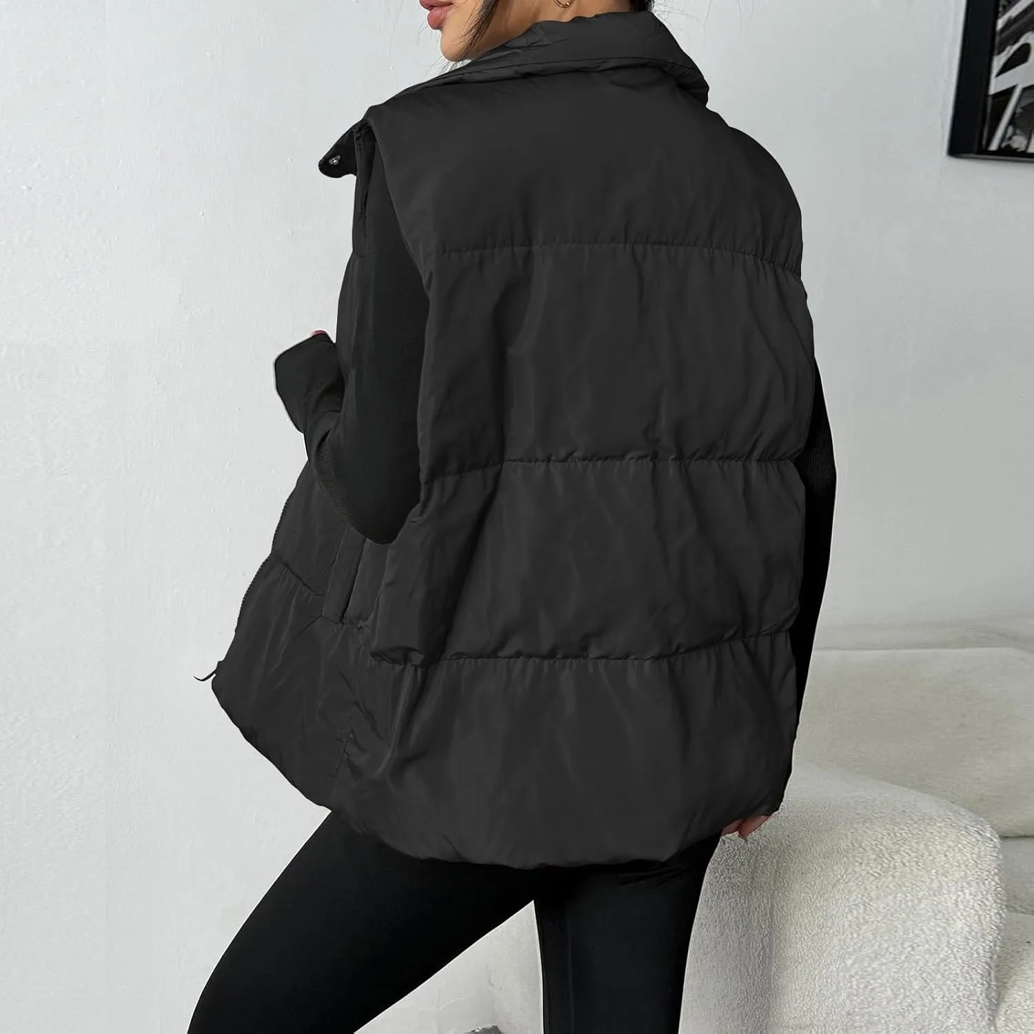 Vest for Women Sleeveless Puffer Jacket Plus Size Winter Oversized Stand Collar Full Zip Bubble Quilted Coat Outwear