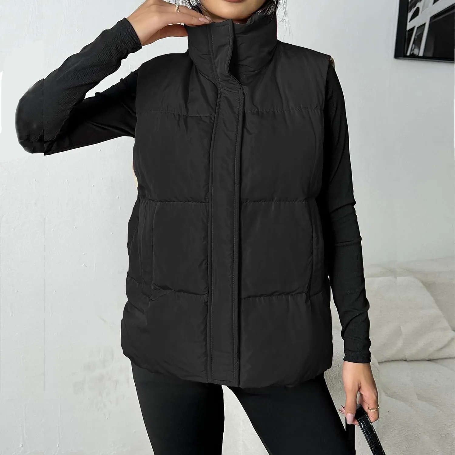 Vest for Women Sleeveless Puffer Jacket Plus Size Winter Oversized Stand Collar Full Zip Bubble Quilted Coat Outwear