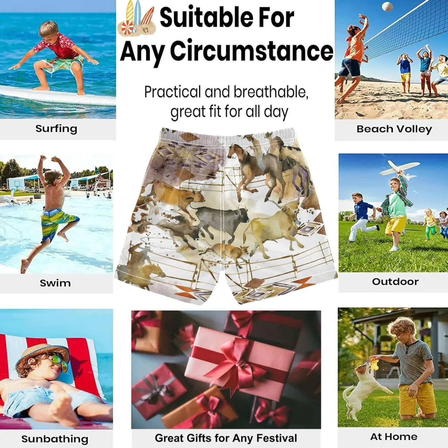 visesunny Boys Casual Board Shorts Funny Floral Boys' Swim Trunks Toddler Beach Shorts Little Kids Bathing Suit