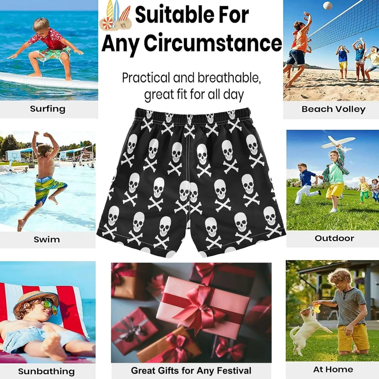 visesunny Cool White Skull Boys Toddler Swim Trunks Boy Bathing Suit Beachwear Sports Baby Kids Board Shorts