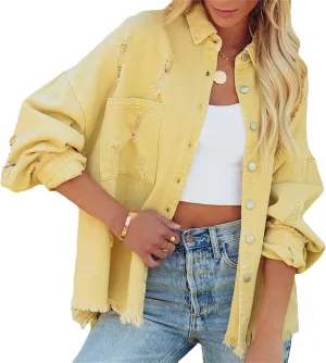 VIVICOLOR Women's Frayed Jean Jackets Women's Distressed Ripped Denim Jacket Oversized Denim Trucker Jackets