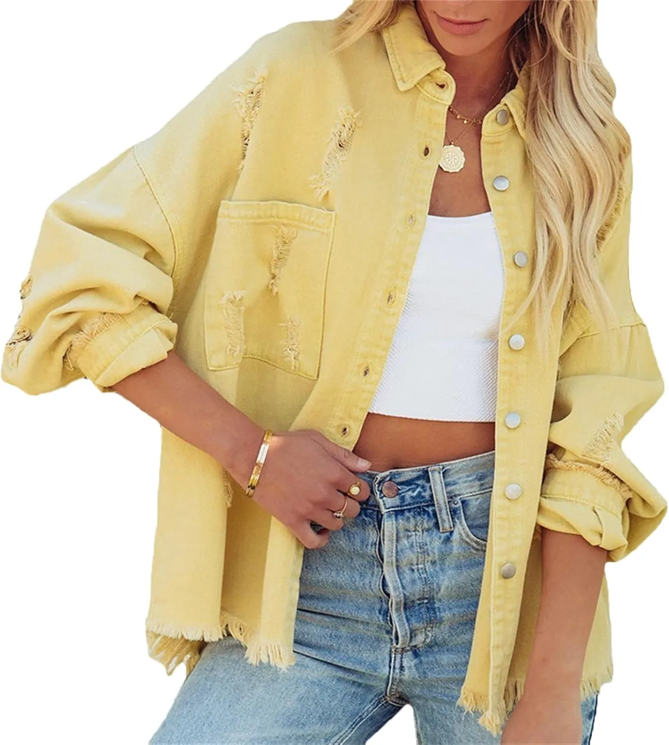 VIVICOLOR Women's Frayed Jean Jackets Women's Distressed Ripped Denim Jacket Oversized Denim Trucker Jackets
