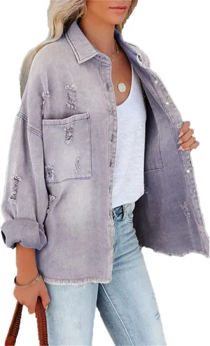 VIVICOLOR Women's Frayed Jean Jackets Women's Distressed Ripped Denim Jacket Oversized Denim Trucker Jackets