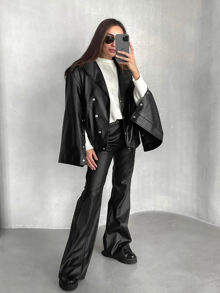 VOIKERDR Womens Oversized Faux Leather Jackets Moto Jackets Pu Leather Blazer Biker Jacket Outerwear