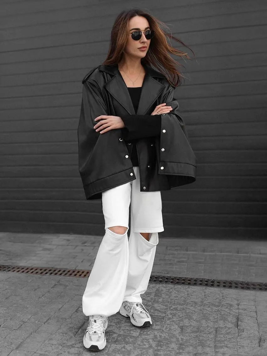 VOIKERDR Womens Oversized Faux Leather Jackets Moto Jackets Pu Leather Blazer Biker Jacket Outerwear